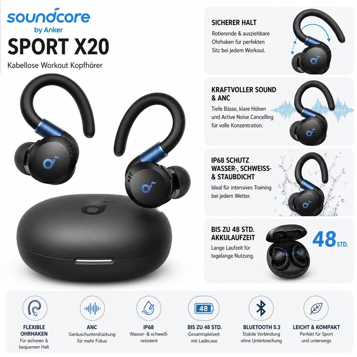 soundcore von Anker Sport X20 kabellose Workout Kopfhörer tiefer Bass Sport IP68
