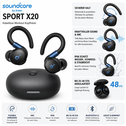 soundcore von Anker Sport X20 kabellose Workout Kopfhörer tiefer Bass Sport IP68