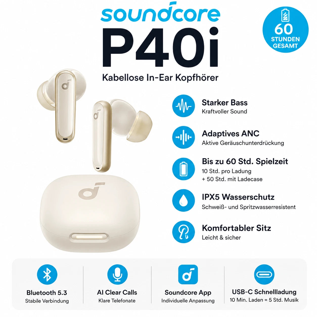 Soundcore P40i Wireless Earbuds mit Noise Cancelling BassUp Bluetooth 5.3 IPX5